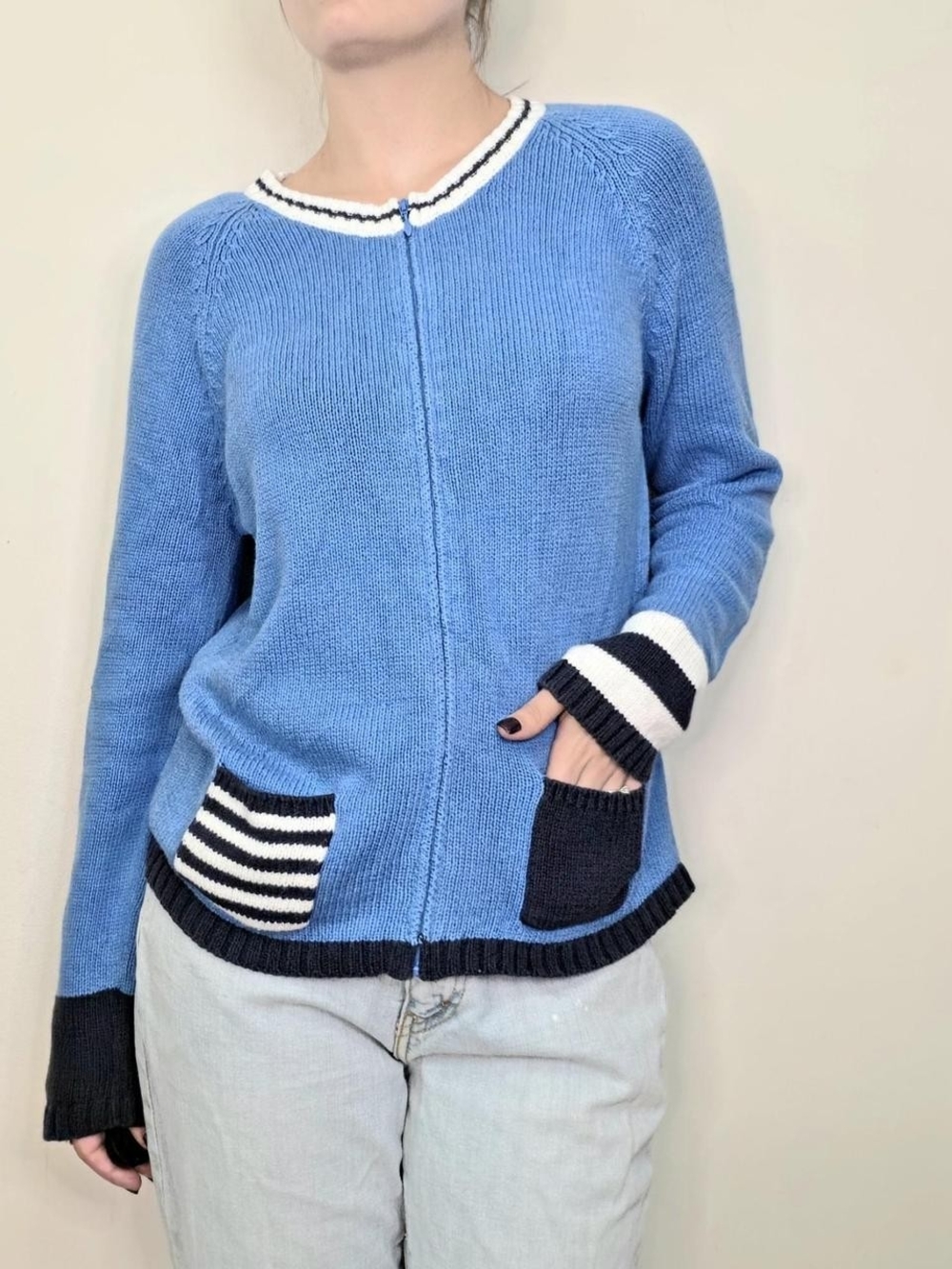 Vintage unique blue striped zip sweater Size L